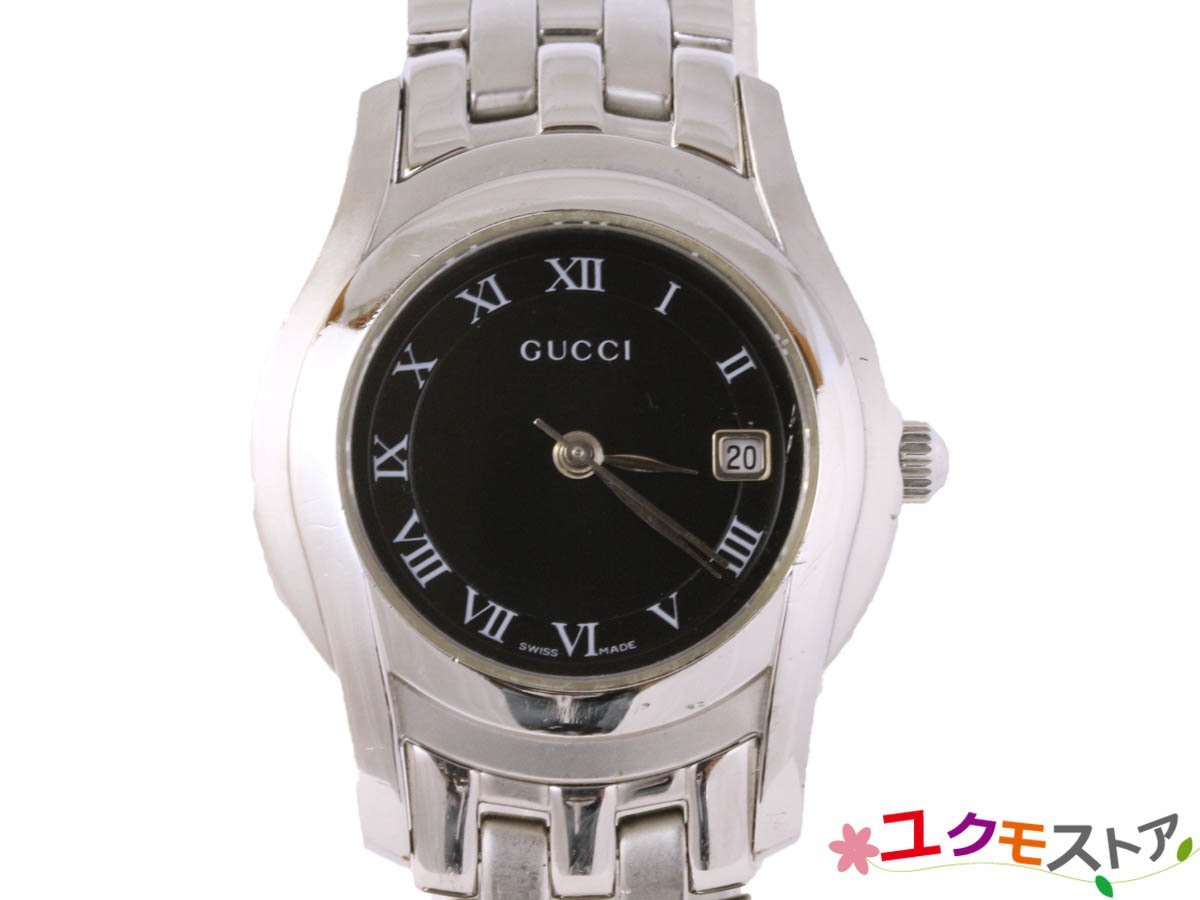 【送料無料】GUCCI グッチ 5500L 婦人時計 クォーツ ウォッチ ブラック文字盤 ローマ数字 シルバーベルト 動作確認済拍卖