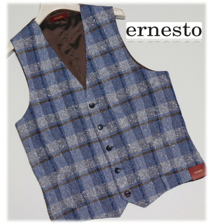 新品タグ付き【ernesto エルネスト】伊製 シングルブレスト チェック柄ベスト ジレ 46(M) v2791拍卖
