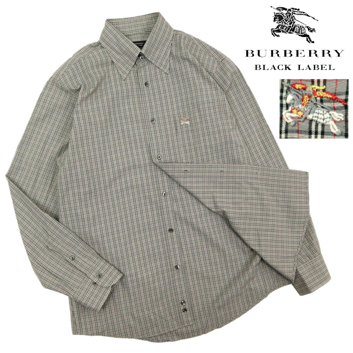 【B2426】【極美品】BURBERRY BLACK LABEL バーバリーブラックレーベル 長袖シャツ ノバチェック ホース刺繍 ホースマーク サイズ2拍卖