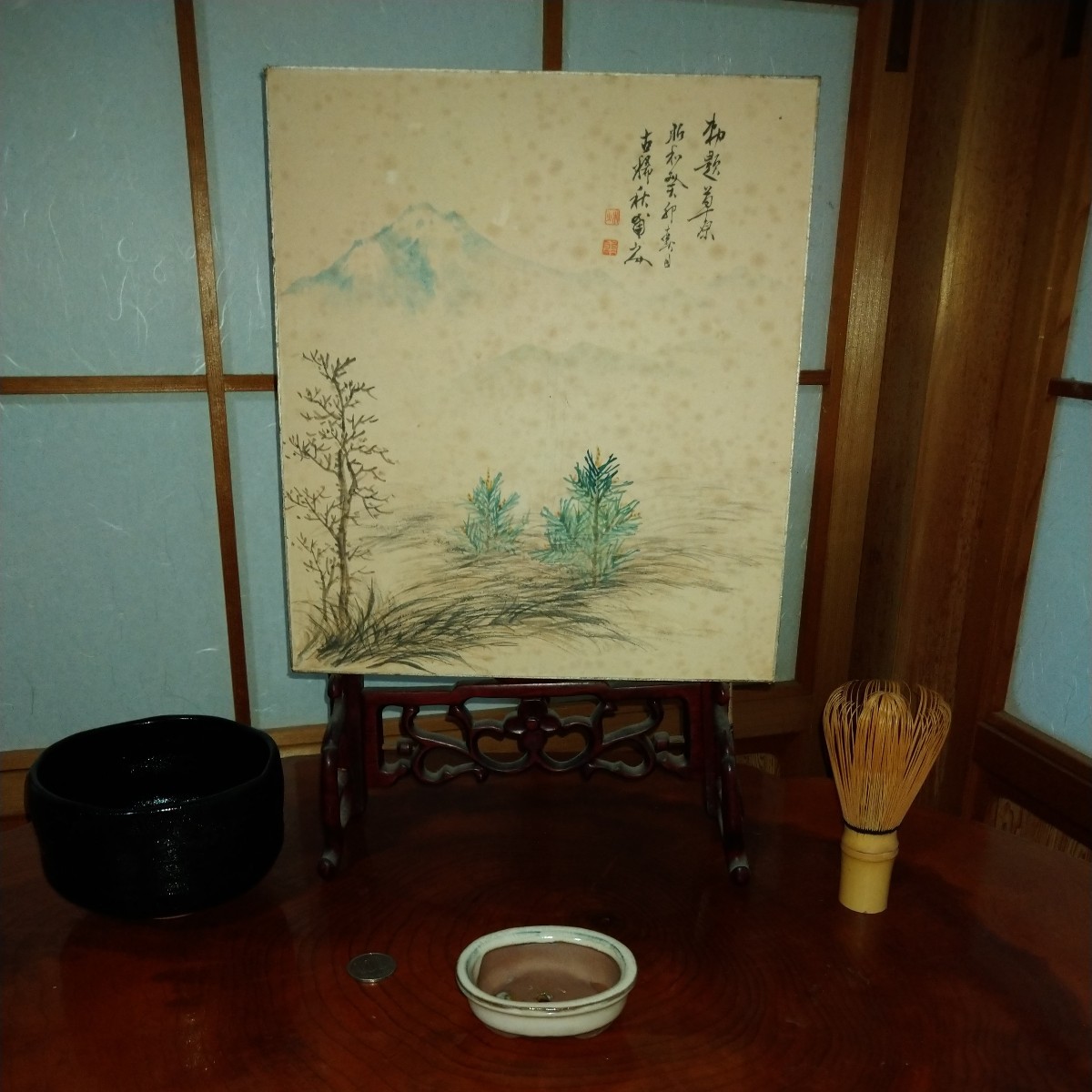 肉筆 色紙 8 盆栽の背景にも 鑑定団【断捨離】拍卖