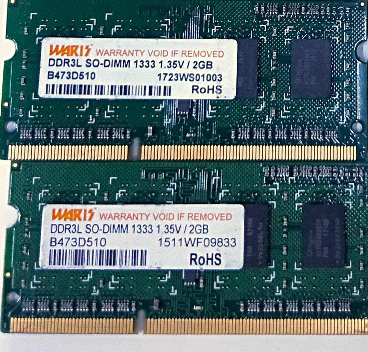 【中古パーツ】PC3 ノートパソコン用 DDR3 メモリ WAPPANTY VOID IF REMOVED DDR3L SO-DIMM 1333 1.35 2GBx2枚 計4GB 送料無料■N(223) 拍卖