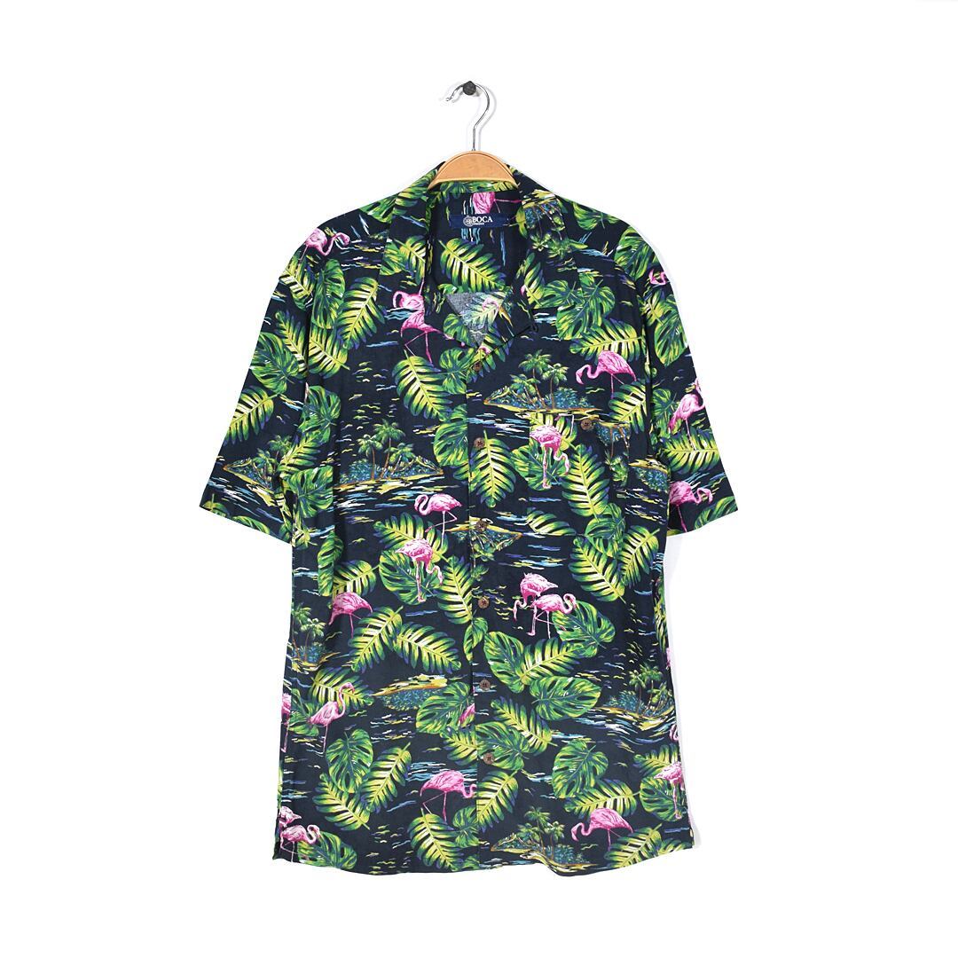 【送料無料】BOCA フラミンゴ柄 レーヨン100% アロハシャツ ハワイアンシャツ 開襟 ループカラー 黒緑 メンズXL 古着 @CD0087拍卖