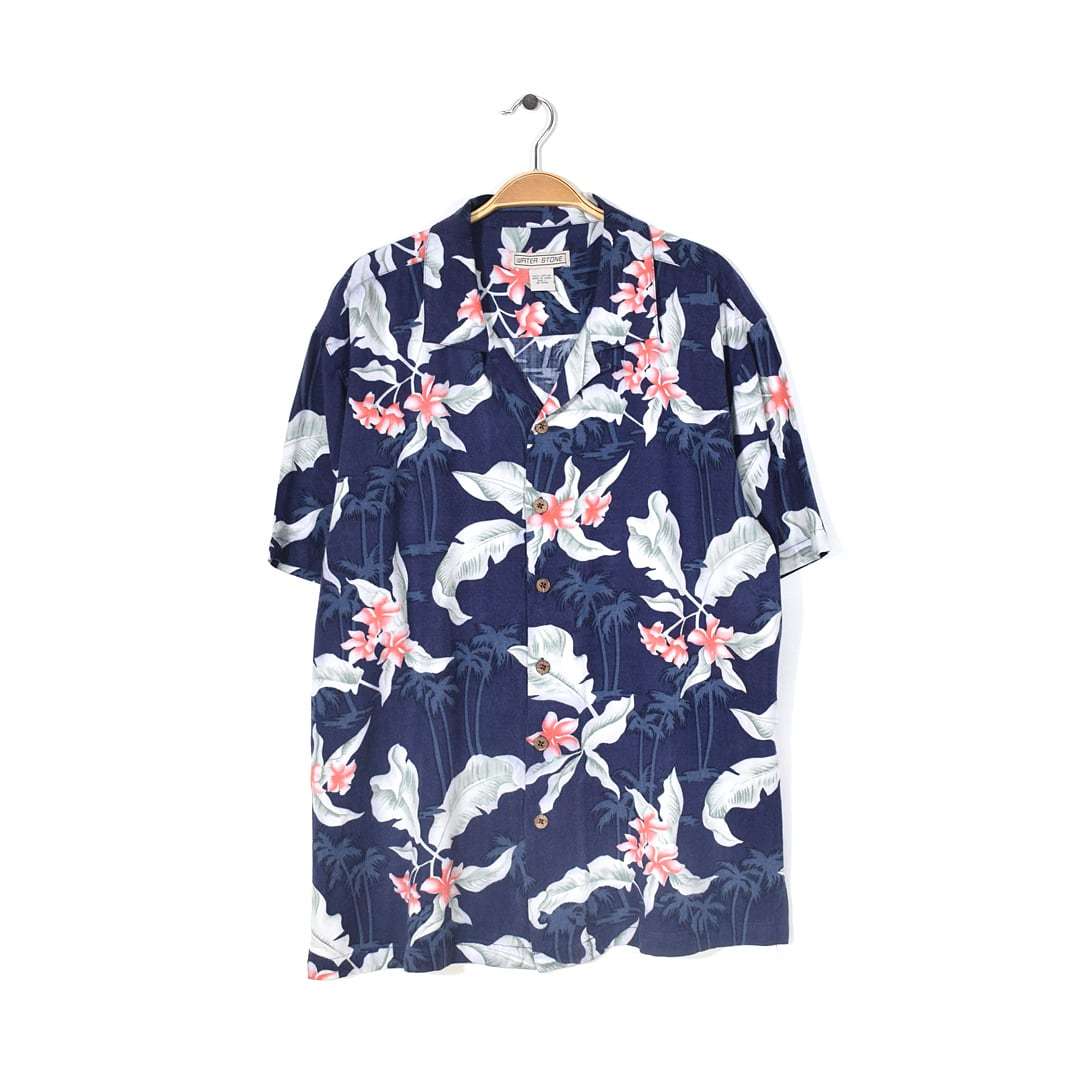 【送料無料】WATERSTONE 花柄 アロハシャツ ハワイアンシャツ コットン 紺ベース 開襟 ループカラー メンズL 古着 @CD0089拍卖