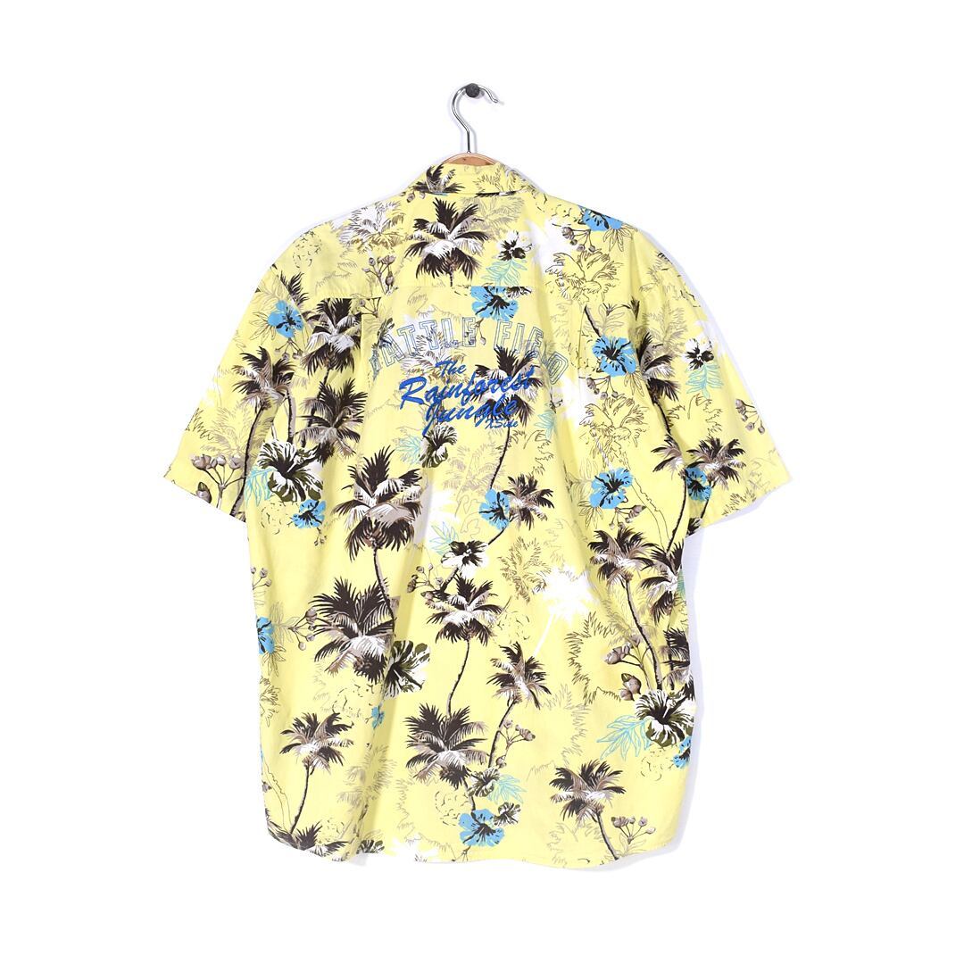 【送料無料】XSIDE パームツリー柄 バックプリント アロハシャツ ハワイアンシャツ コットン イエローベース メンズL相当 古着 @CD0090拍卖