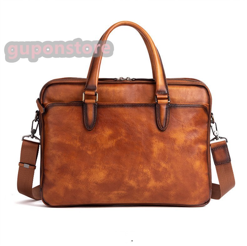 人気推薦★一流の鞄職人が作る ヌメ革 ハンドメイド 本革 大容量 ビジネスバッグ メンズバッグ 牛革 レザー 通勤鞄 トートバッグ 多機能拍卖