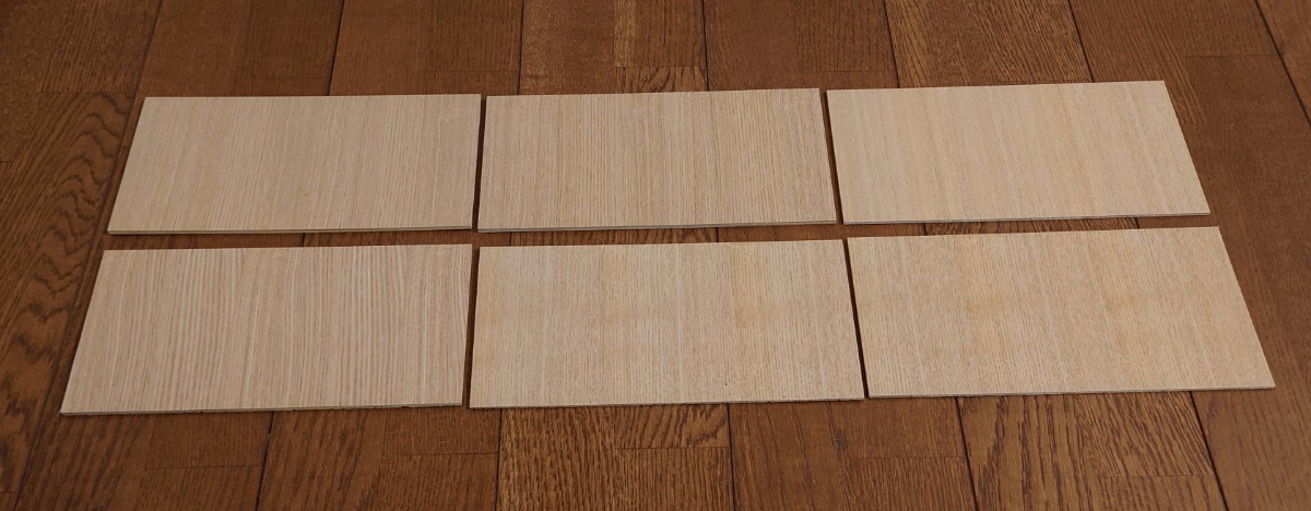 ベニヤ 板 タモ突板 6枚セット 26cmx13cm 厚み2.5mm3枚 厚み4mm3枚 タモ突板の為 木目が色々あります拍卖