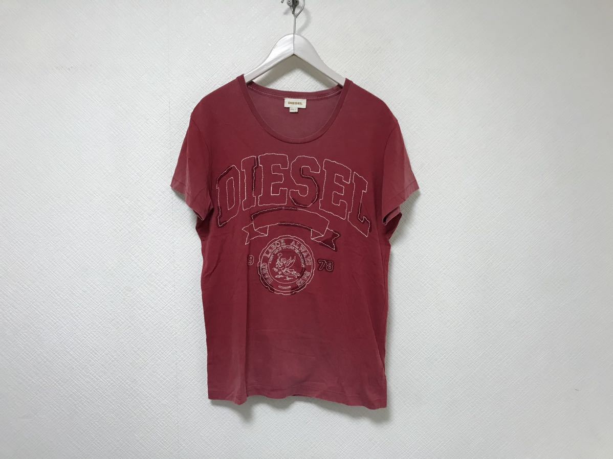 本物ディーゼルDIESELコットンロゴ刺繍半袖Tシャツメンズアメカジサーフミリタリーワークスーツビジネス赤レッドL拍卖