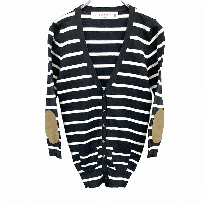 ザラ ZARA ニット カーディガン 7分袖 ボーダー エルボーパッチ Vネック 綿×ナイロン M ブラック 黒×白×茶系 レディース(キッズ?)拍卖