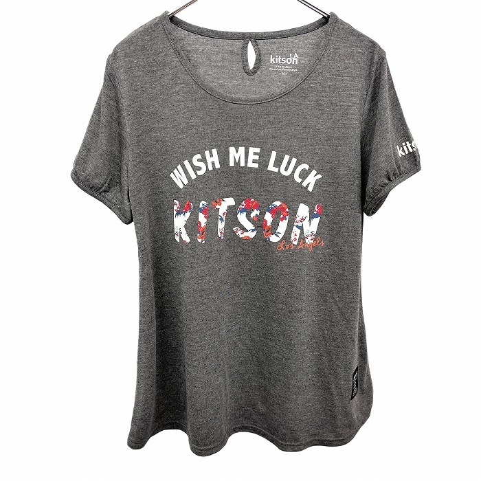 Kitson Tシャツ 半袖 Aライン 花柄プリント 英字 ロゴ パフスリーブ ポリ×レーヨン M 杢グレー 杢グレー×白×赤×青×緑 レディース拍卖