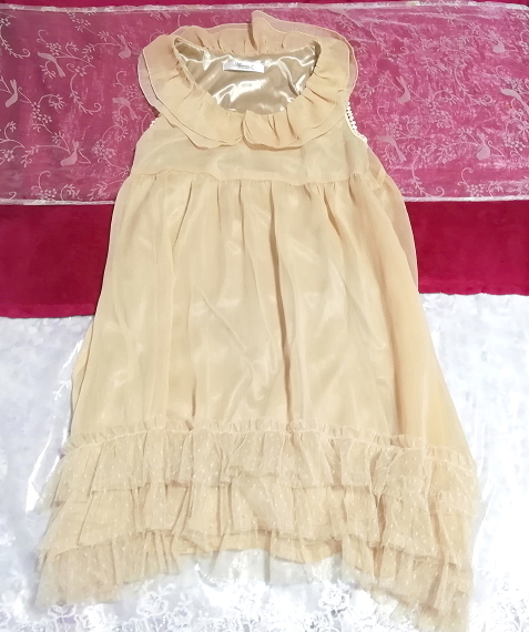 亜麻色裾レースシフォンノースリーブネグリジェチュニックワンピース Flax color lace chiffon negligee sleeveless tunic dress拍卖
