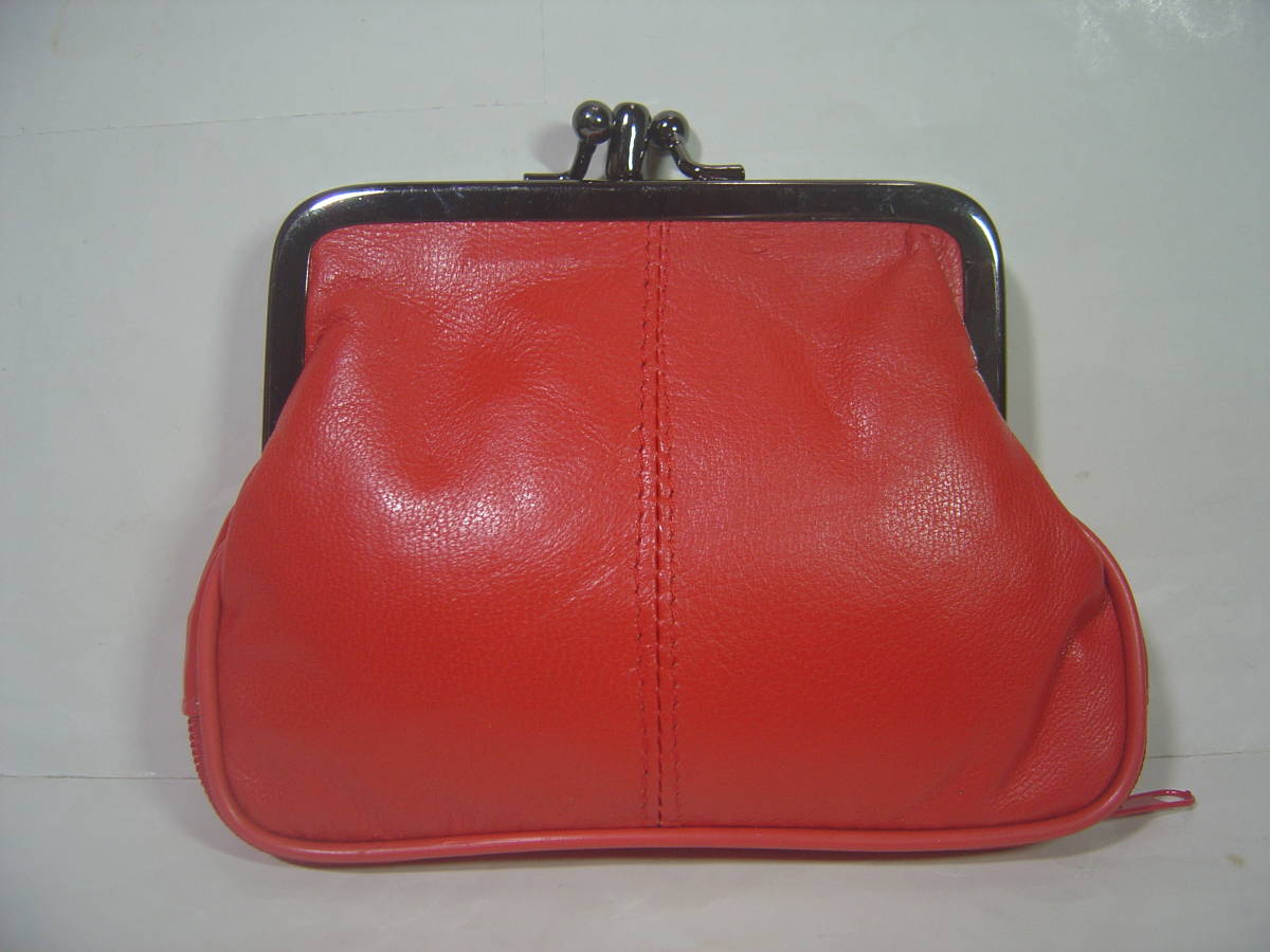 新品!ラム革 がま口 オレンジ色 中型サイズ 2つ口タイプ 収納ポケット付き 小銭入れ 財布拍卖