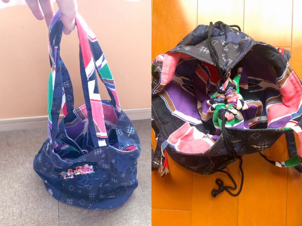 新品着物リメイクつまみ細工先生作品!昔着物柄とポップなショルダートートバッグ&ミニポーチ小銭入れ付き♪真ん中巾着で蜜仕切りで便利拍卖