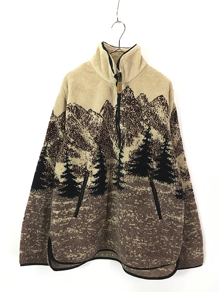 古着 90s USA製 WoolRich スキーヤー 雪山 自然 総柄 ハーフジップ プルオーバー フリース ジャケット M拍卖