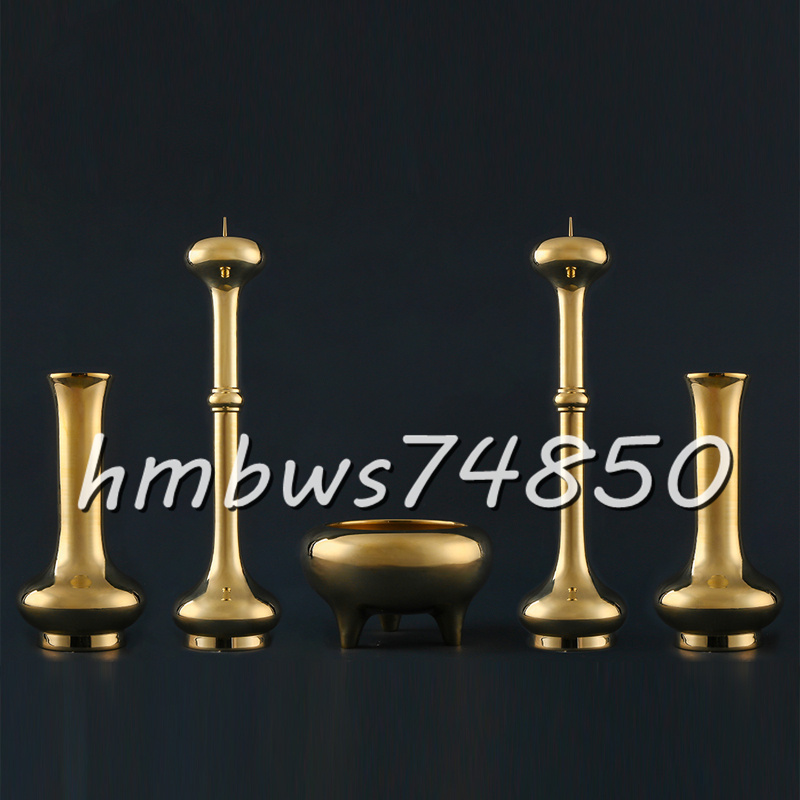 「密教法具 寺院用仏具」大型 寛通型 五具足 花立1対 火立1対 香炉1個 仏教工芸品 磨き仕上げ 真鍮製 9寸拍卖