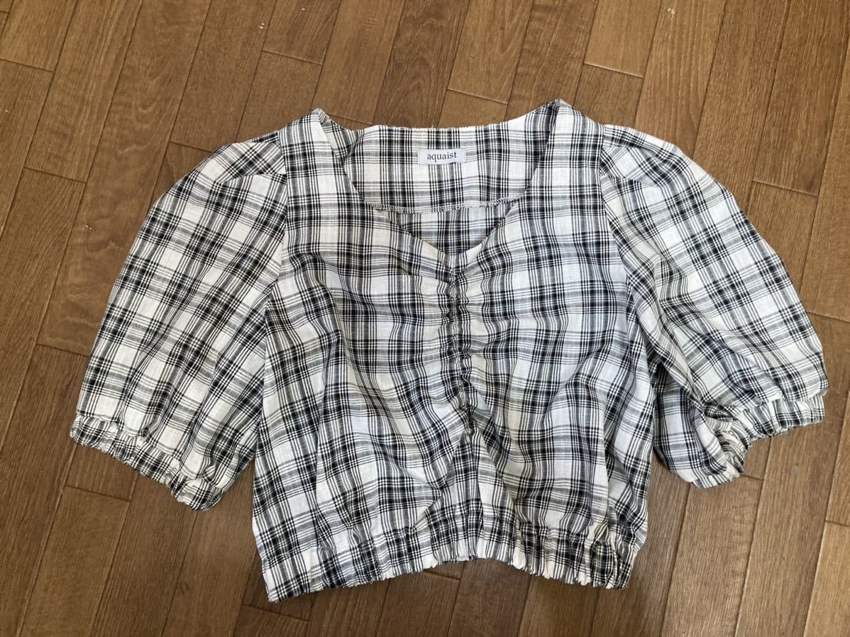 未使用★チェックショート丈半袖ブラウス★L拍卖