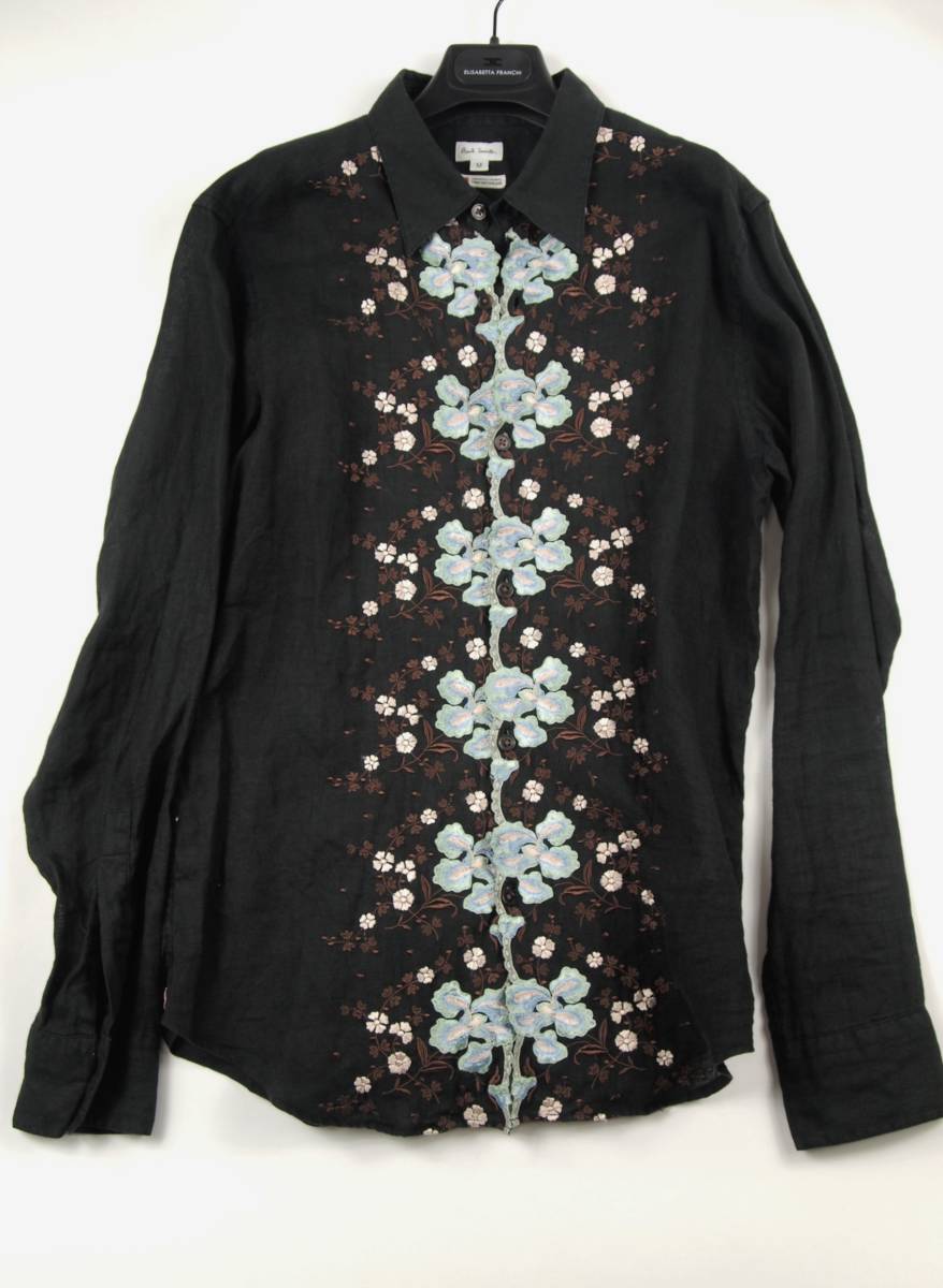 h844 美品 貴重 ポールスミス サイズM 刺繍 シャツ ブラック 麻製 春夏 インポートライン拍卖