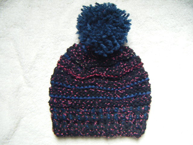 冬*手編み男女兼用キャップ*マルチ色*ボンボンは藍色 へ拍卖