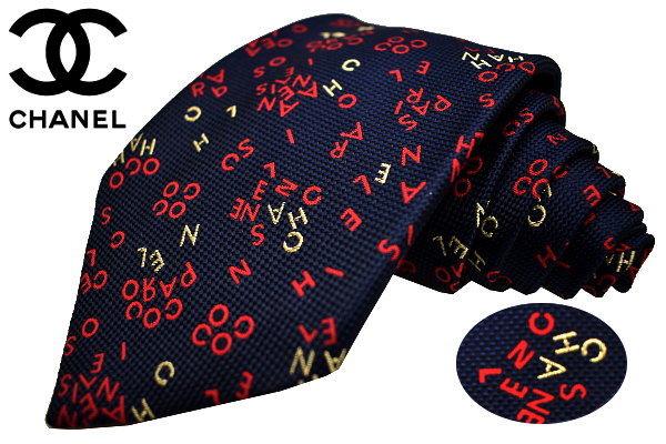 N-2767★送料無料★超美品★CHANEL PARIS シャネル パリ★イタリア製 ネイビー系 全面ロゴ刺繍 金チェーン 豪華な織り生地 シルクネクタイ拍卖