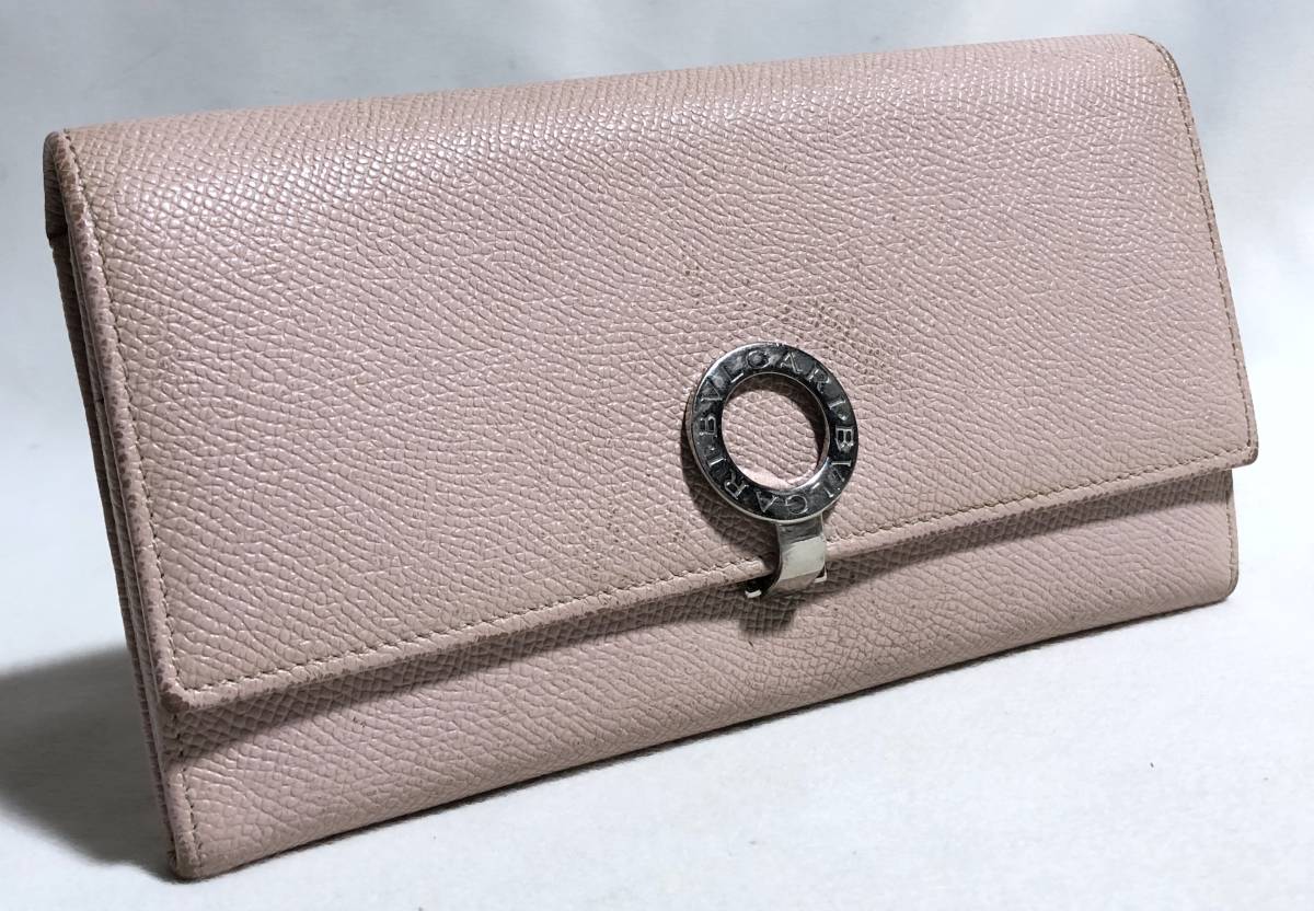 正規レア BVLGARIブルガリ B-zeroリングクリップ 長財布 小銭入れ有 ウォレット ピンクグレインレザー×ラウンドロゴシルバーエンブレム拍卖