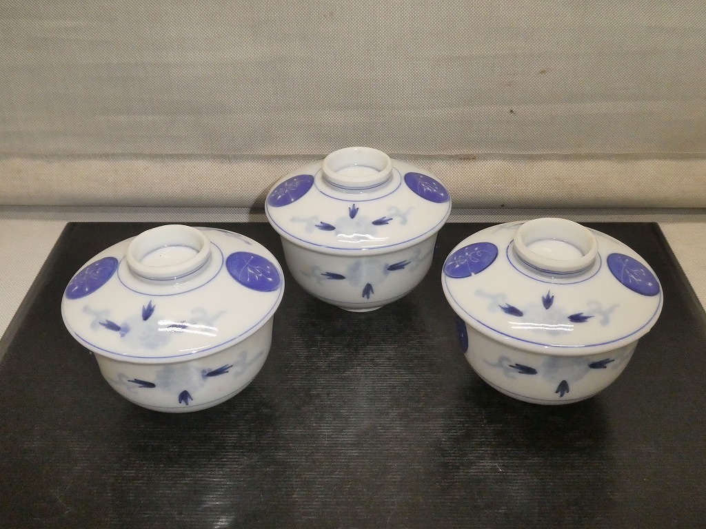 ●染付 青丸紋 延寿 蓋物 碗物 菓子碗 3客 和食器 時代物 古い●古民具拍卖