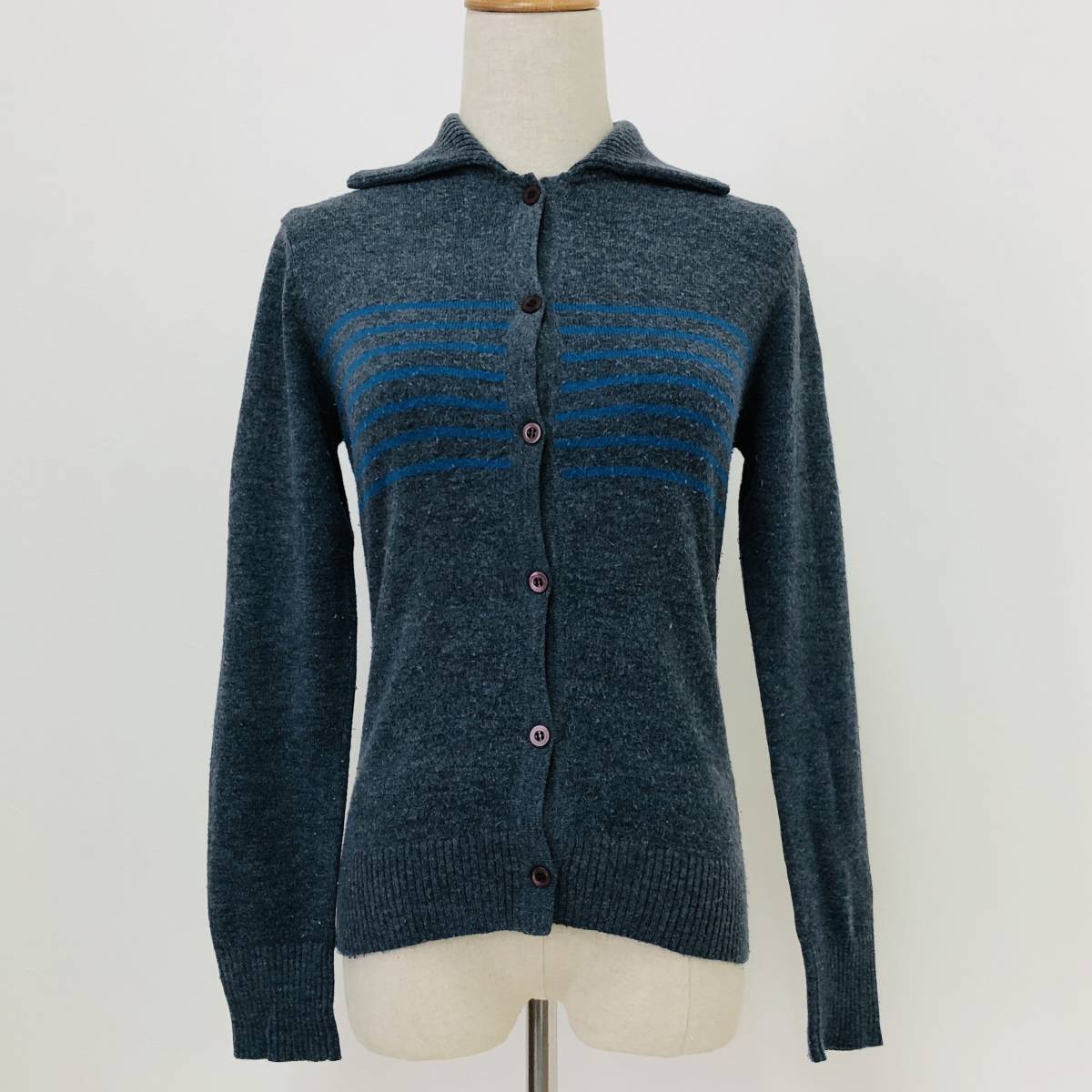 k1449 NATURAL BEATY BASIC ナチュラルビューティー カーディガン アンゴラ混 M グレー ボーダー レディース シンプルデイリーカジュアル 拍卖