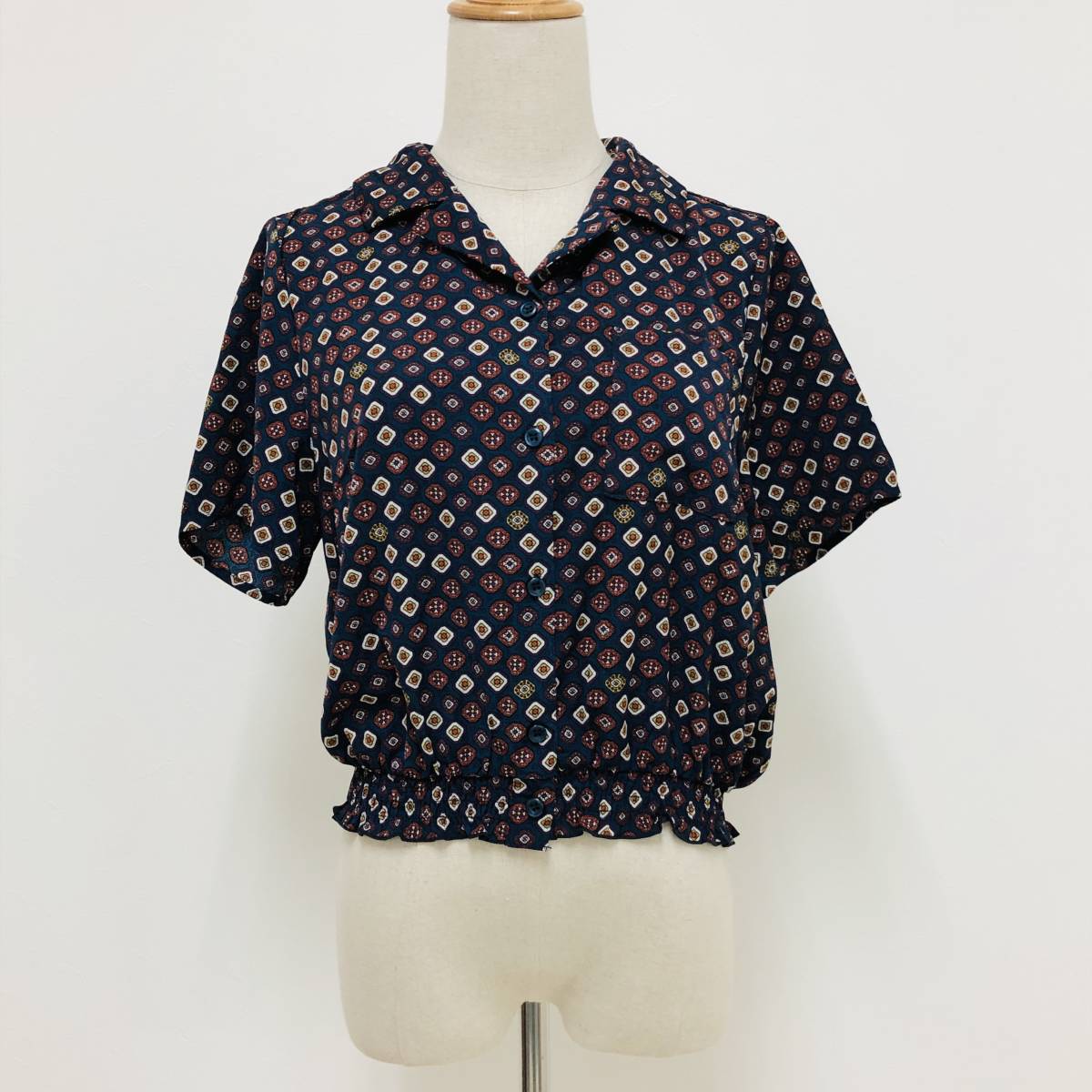 k1461 美品 Hudson honey ハドソンハニー ブラウス 半袖 オープンカラー L ネイビー 総柄 レディース レトロ エレガントガーリーチック 拍卖