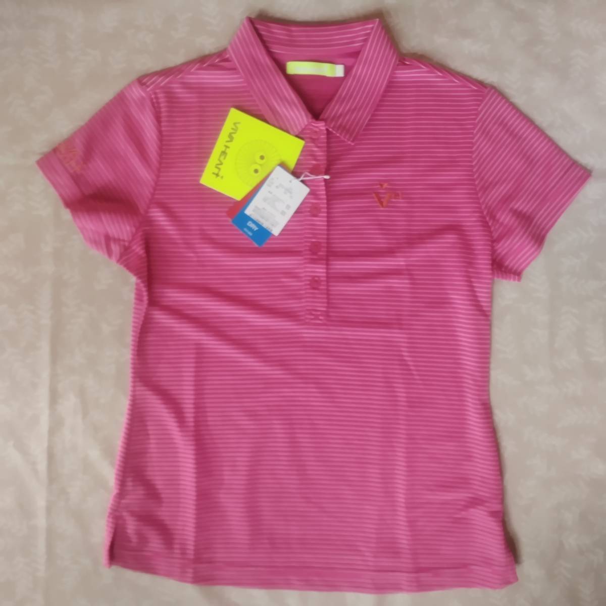 未使用品 ビバハート VIVAHEART 半袖シャツ サイズ42 ピンク×ボーダー 吸水速乾/UVカット ややストレッチ ドライ速乾薄手生地拍卖