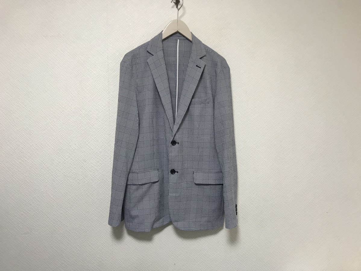 美品本物ジーユーGUチェック柄テーラードジャケットスーツセットアップイージースラックスパンツメンズビジネススーツ紺白ネイビーLXL拍卖