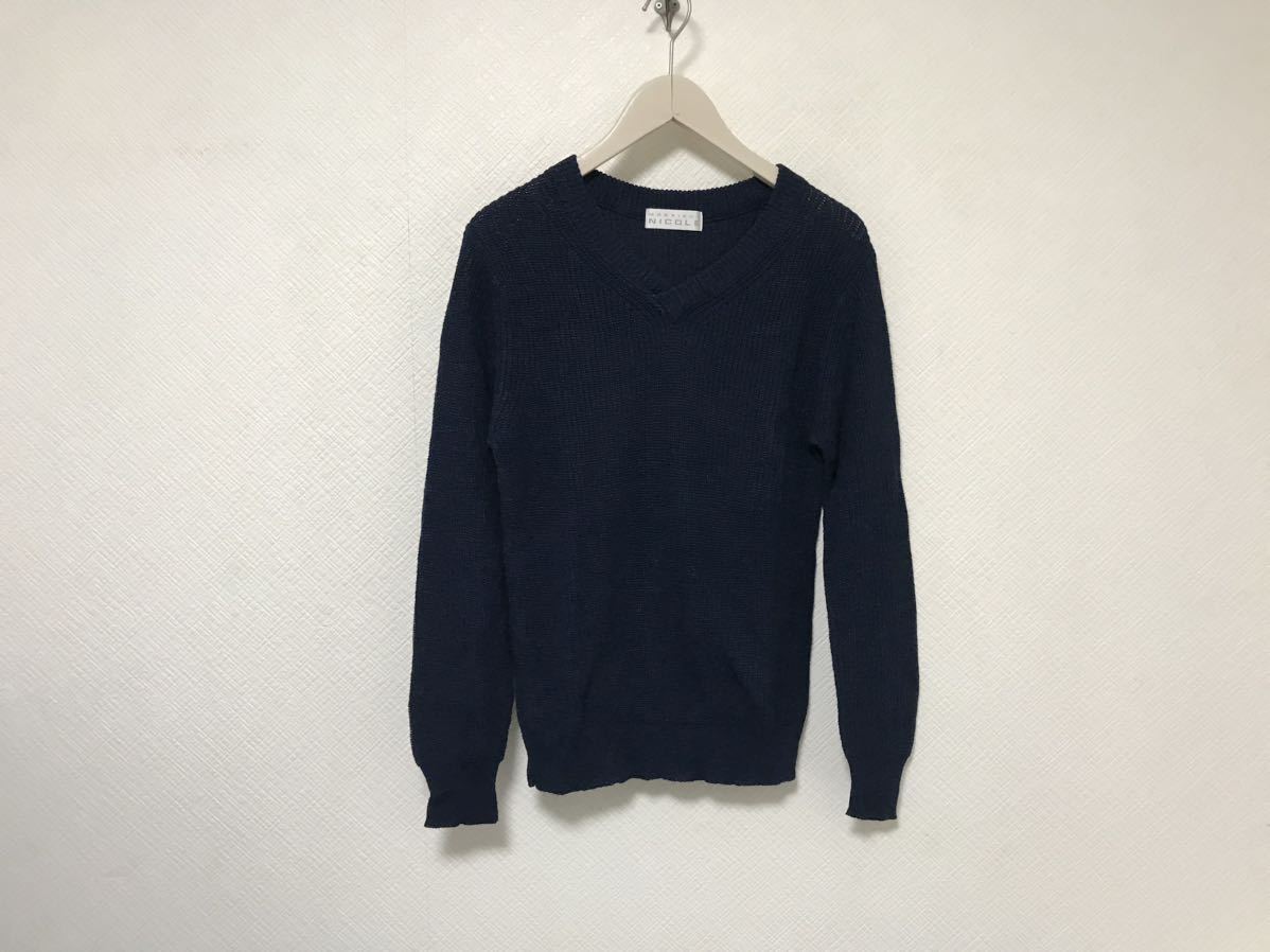 美品本物ムッシュニコルMONSIEUR NICOLEコットンレーヨンVネックニット長袖セーターメンズサーフアメカジビジネススーツ紺ネイビー46M拍卖