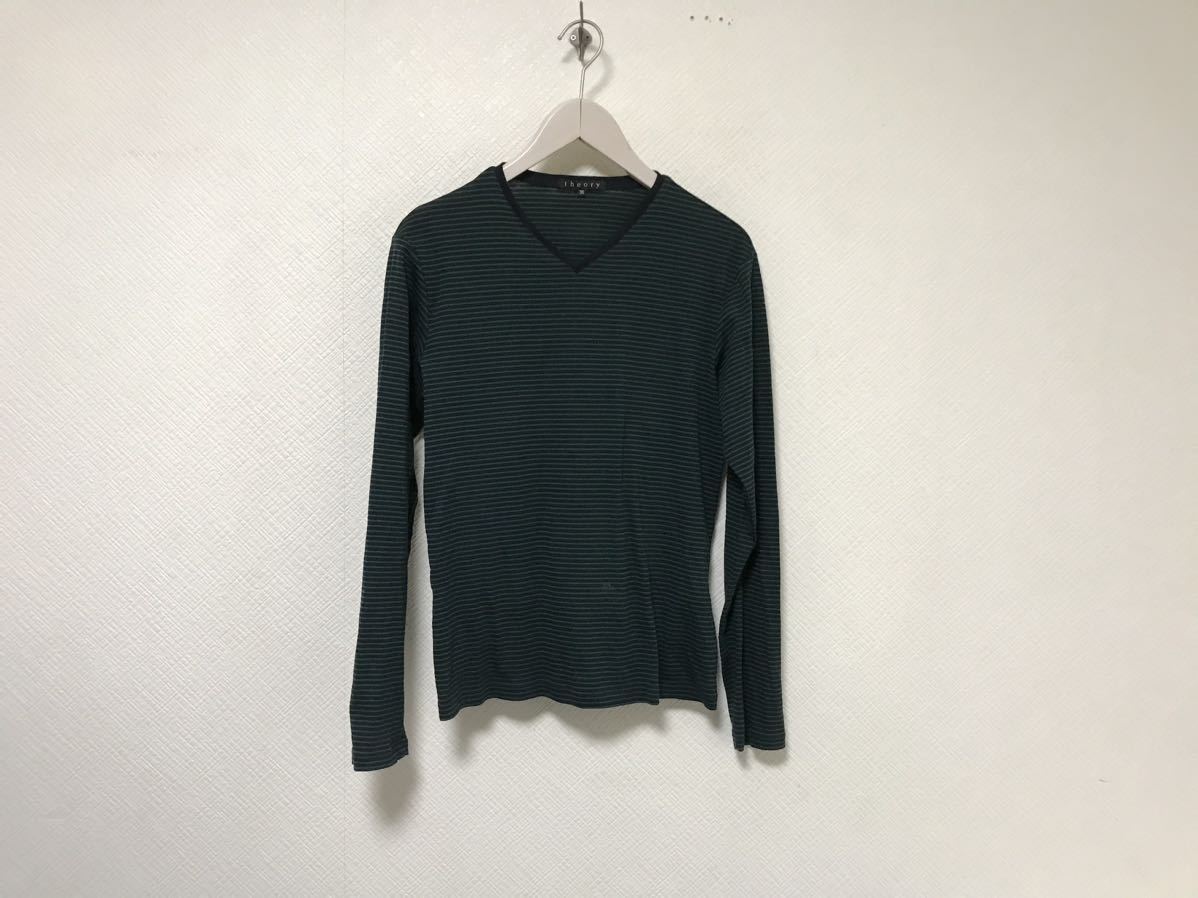 本物セオリーTheoryコットンVネックボーダー柄長袖TシャツロンTメンズサーフアメカジミリタリービジネススーツ紺ネイビー茶36S日本製拍卖