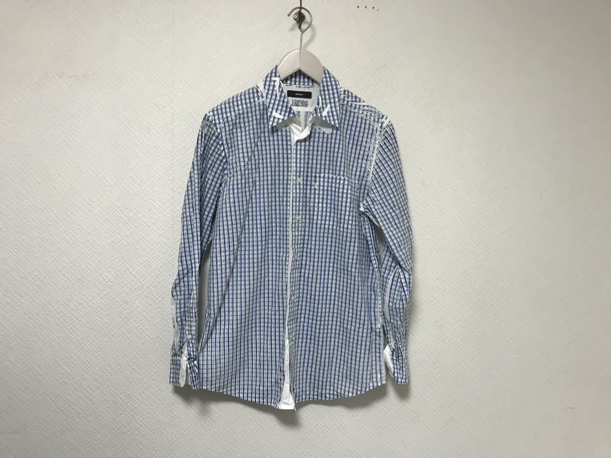 美品本物ディーゼルDIESELコットンチェック柄ロゴ刺繍長袖シャツメンズサーフミリタリーアメカジワーク青ブルー白XSインド製拍卖