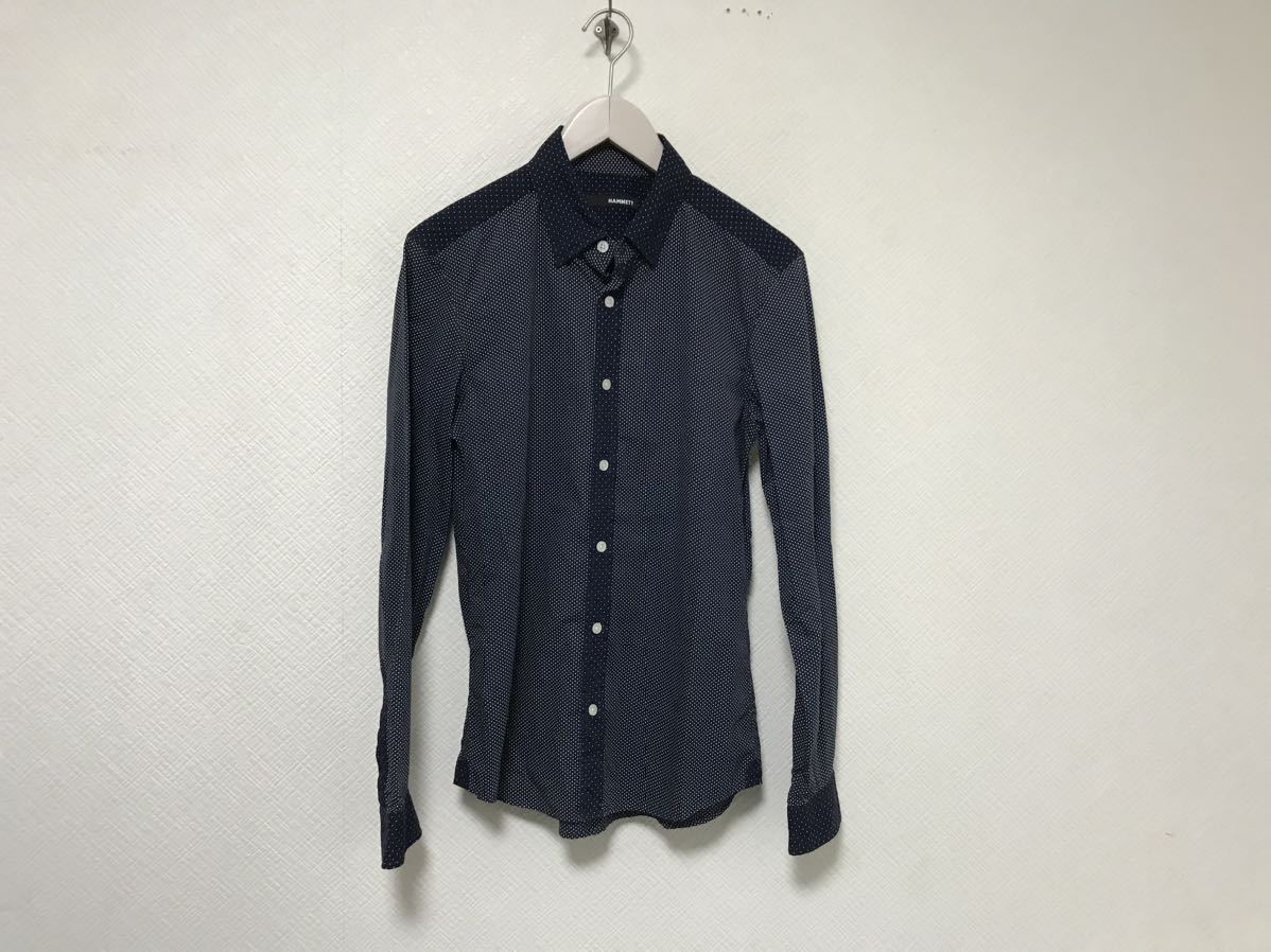 美品本物ハムネットHAMNETTキャサリンハムネットコットン水玉柄長袖シャツメンズサーフミリタリーアメカジワークビジネススーツ紺L拍卖