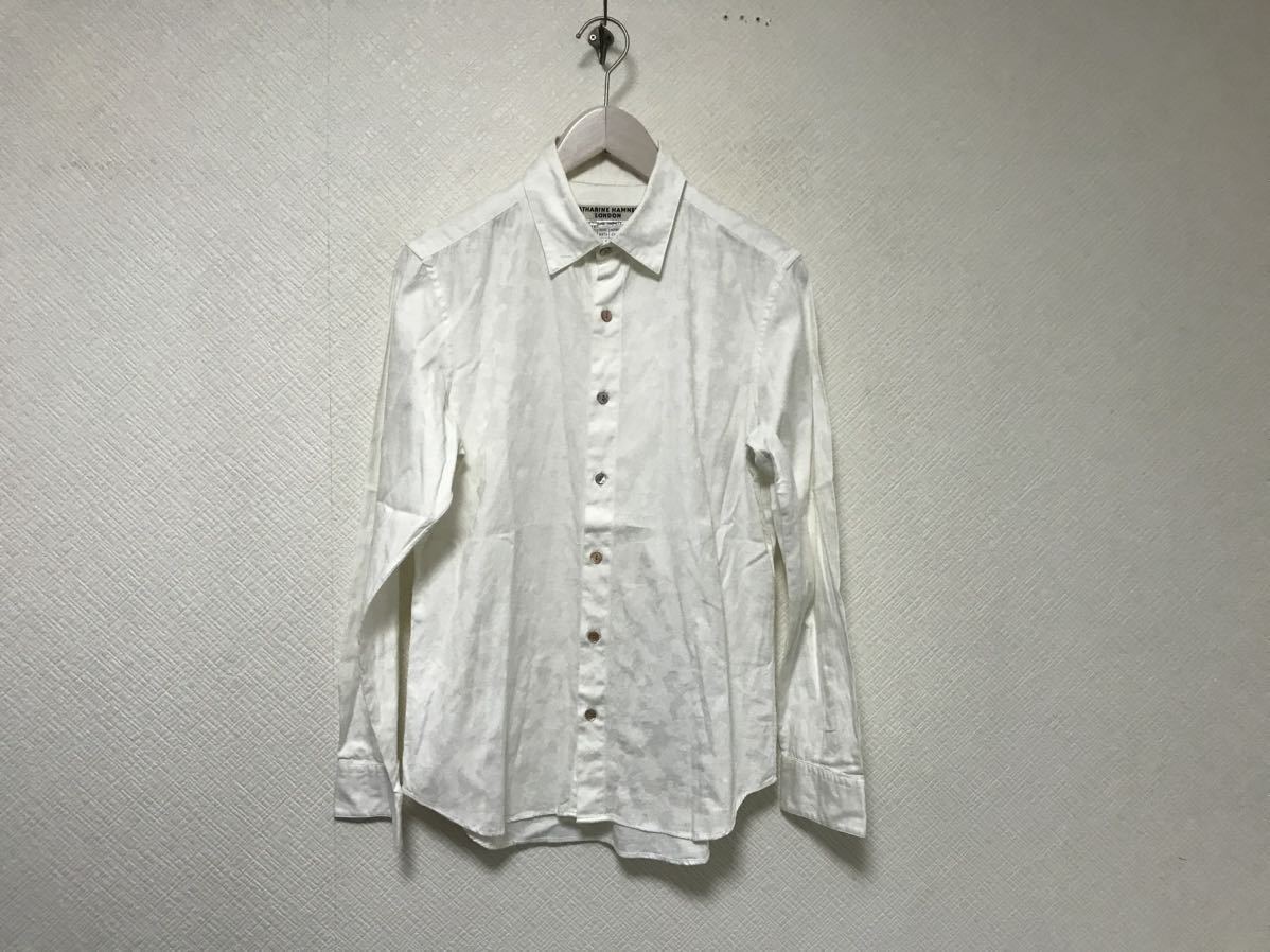 本物キャサリンハムネットKATHARINEHAMNETT LONDONコットン迷彩柄カモフラ長袖シャツメンズサーフミリタリーアメカジビジネススーツ白M拍卖