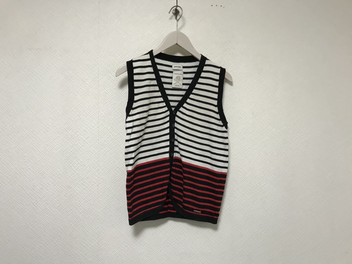 本物ディーゼルDIESELニットコットンボーダー柄ジレベストカーディガンアメカジサーフミリタリーワークビジネススーツメンズ白黒XS拍卖