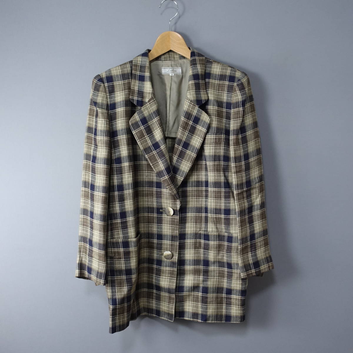 Leilian/レリアン/9/日本製/肩パッド/リネン100%ジャケット/ライトカーキ×ネイビー×ブラウン/レディース/トップス/緑拍卖