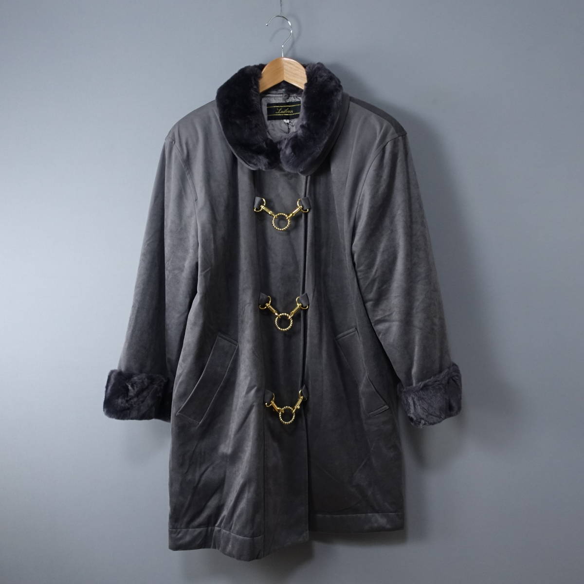 Leilian/レリアン/9/日本製/肩パッド/ファー取り外し可能/中綿コート/グレー系/レディース拍卖