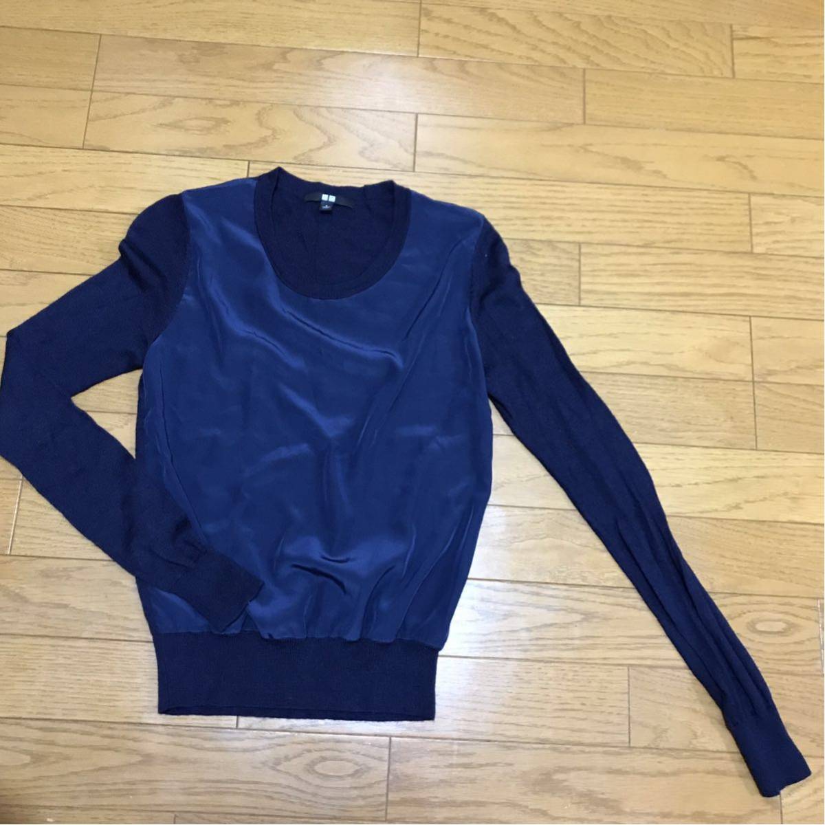 送料無料■UNIQLO ユニクロ 長袖ネイビー クルーネック 切替えニット サイズS拍卖