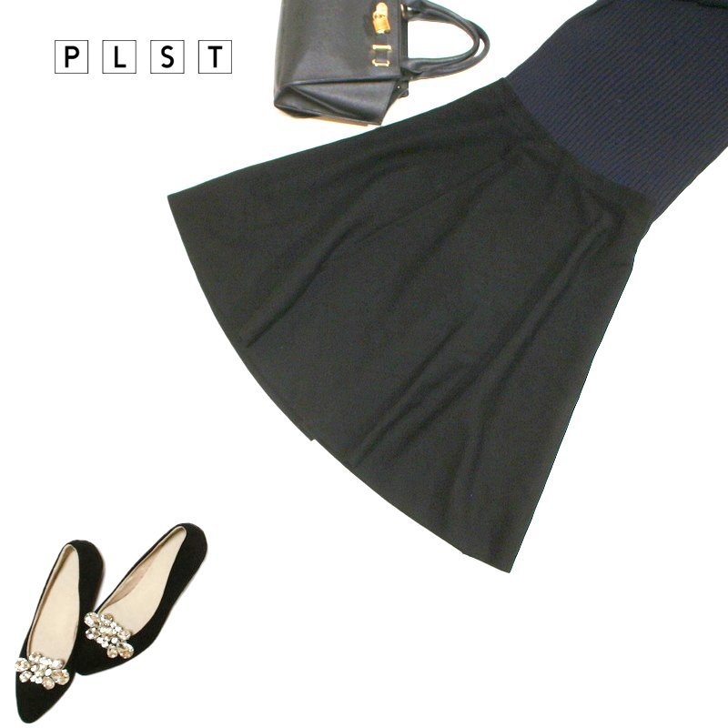 美品 セオリー Theory プラステ PLST ■ 秋 冬 ストレッチ ニット 厚みあり Aライン ニットスカート フレアスカート M 9号 ブラック 黒拍卖