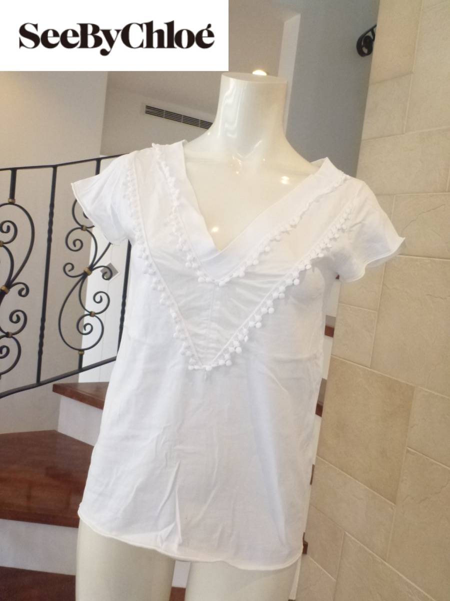 美品 SEE BY CHLOE シーバイクロエ★白 ホワイト 半袖 Vネック カットソー S相当 XS拍卖