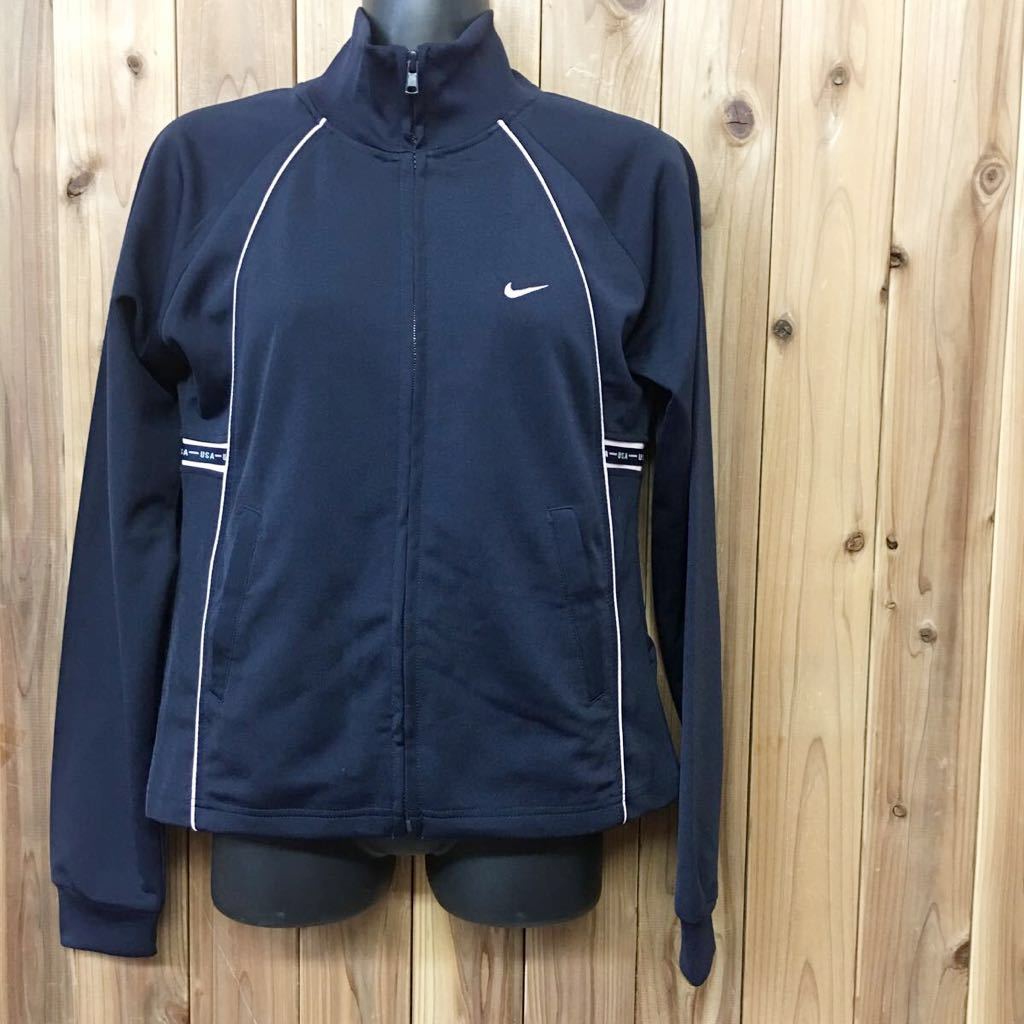 NIKE ◆ ナイキ レディース M 長袖 上 ジャージ ロゴ刺繍 ネイビー × 薄ピンク フルジップ ジャケット スポーツウエア 運動 ウォーキング拍卖