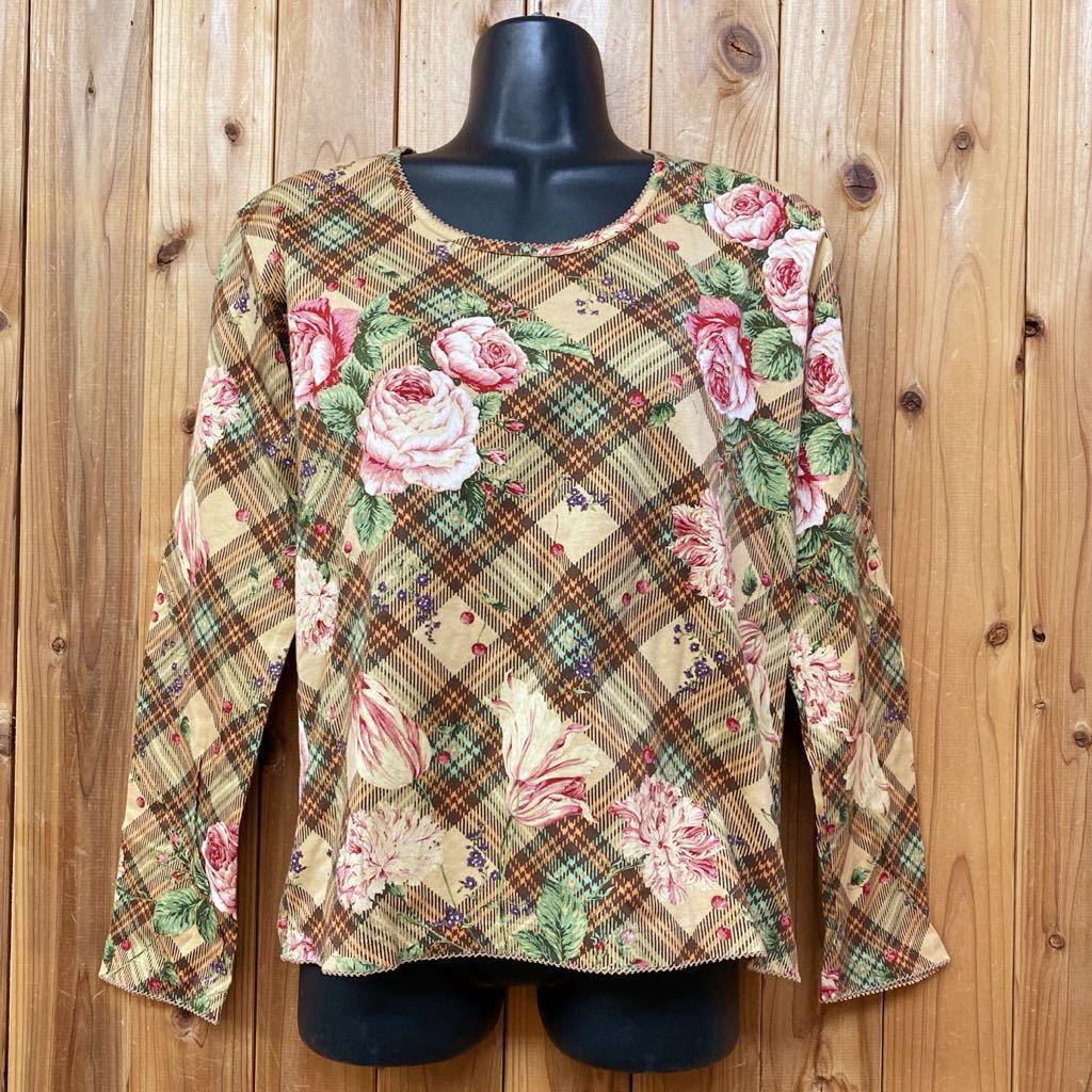 WONDERFULWORLD KANEKOISAO * ワンダフルワールド カネコイサオ ■ 長袖ロングカットソー チェック×バラ チューリップ 花柄 サイズM拍卖