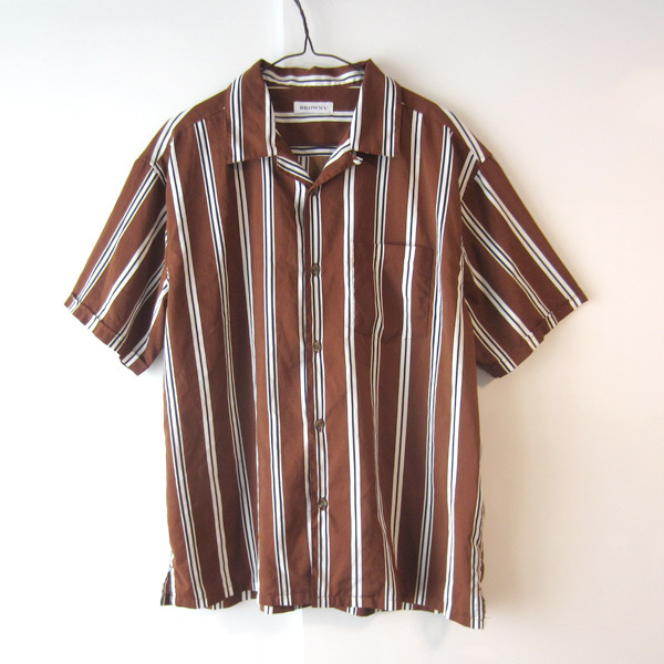 美品 ブラウニー BROWNY オープンカラー半袖シャツ ストライプ拍卖