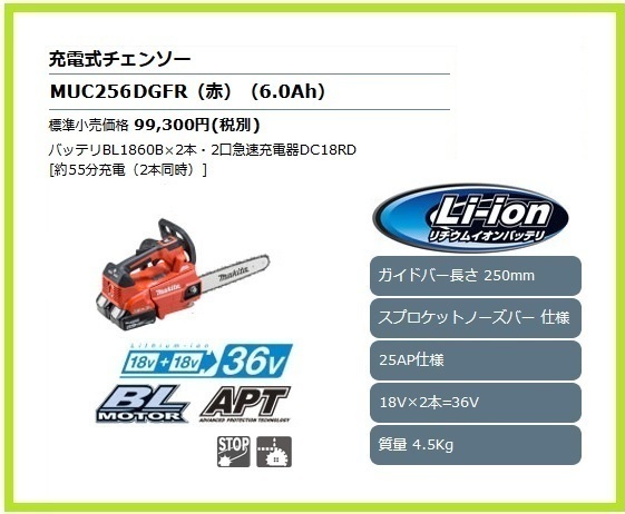 マキタ 250mm 18V 充電式チェンソー MUC256DGFR (赤)【18V+18V→36V】 ■安心のマキタ純正/新品/未使用■拍卖