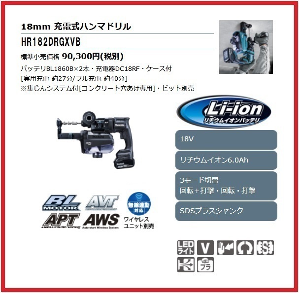 マキタ 18mm 18V 充電式ハンマドリル HR182DGXVB (黒)【集じんシステム搭載】 ■安心のマキタ純正/新品/未使用■拍卖