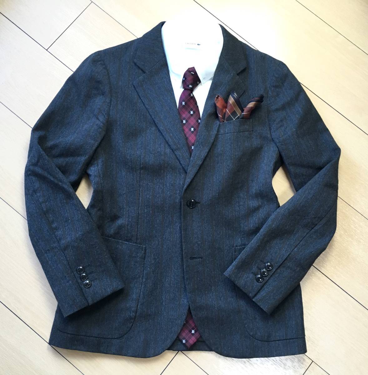★美品 ユナイテッドアローズ デニム調ストライプ ジャケット S ネイビー 新品同様 上着 スーツ ブレザー ウール 160~170拍卖
