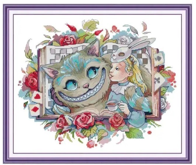 クロスステッチキット Story in the book アリス チェシャ猫 14CT 45×38cm 図案印刷あり 刺繍拍卖