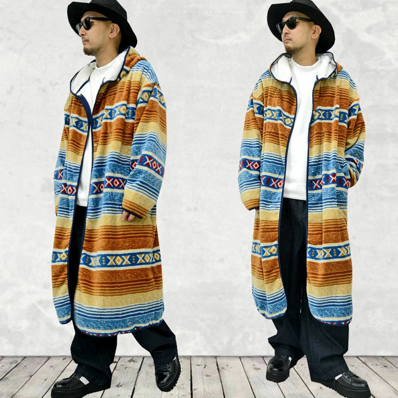 オルテガ柄ロンク丈ボア フーデッドコート 94462 ネイティブ柄 マイクロベロア フーディー新品ベージュM拍卖