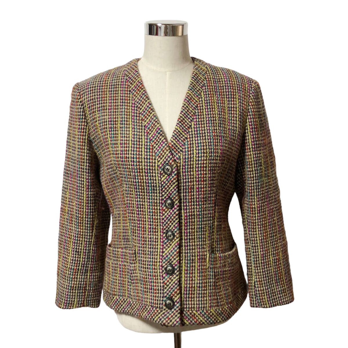 MISSONI DONNA ミッソーニ ツイード ノーカラージャケット ウール 44 マルチカラー イタリア製 オールド レディース A29拍卖