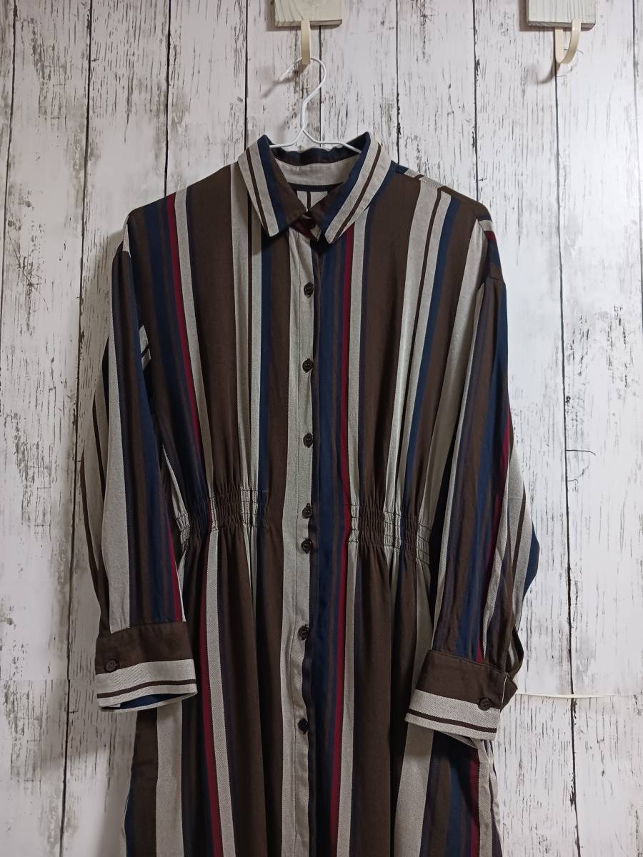 ★4%OFF★送料無料★AZUL by MOUSSY/長袖シャツワンピース/S/ストライプ/レトロ/ロング/USED拍卖