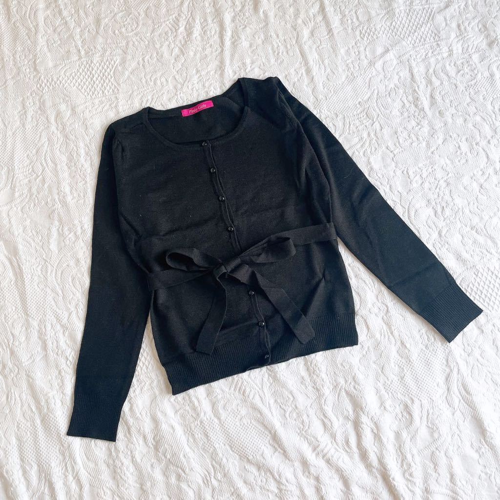 新品ピンキーガールズpinky girlsニットトップス セーター カーディガン長袖レディースMサイズ羽織り★通勤パーティ リボン黒ブラック拍卖